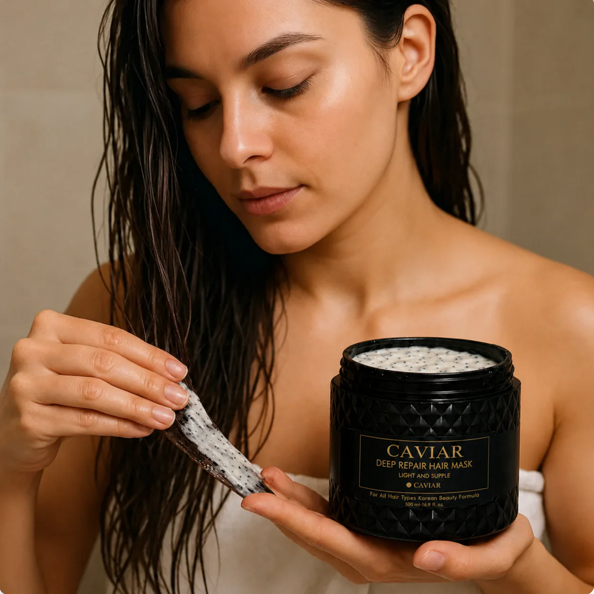 Mujer aplicando la mascarilla capilar de caviar Océane Noir en el cabello húmedo