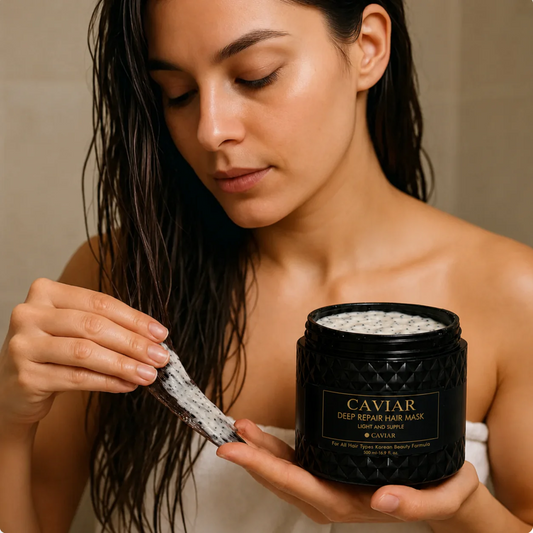 Mujer aplicando la mascarilla capilar de caviar Océane Noir en el cabello húmedo