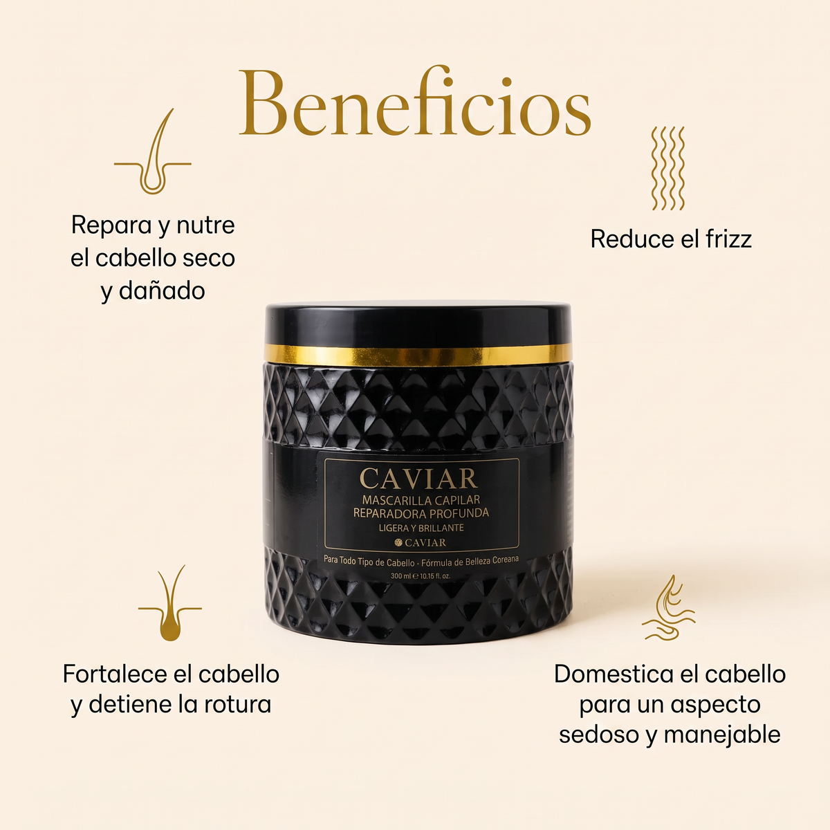 Envase negro de mascarilla capilar rodeado de un gráfico de beneficios anunciados.